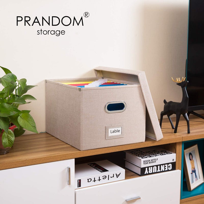 PRANDOM File Organizer Box - Set of 1 Collapsible Decorative Linen Filing Storage Hanging File Folders with Lids Office Cabinet Letter/Legal Size Light Grey (17x14x11.2 inch) - Image 2